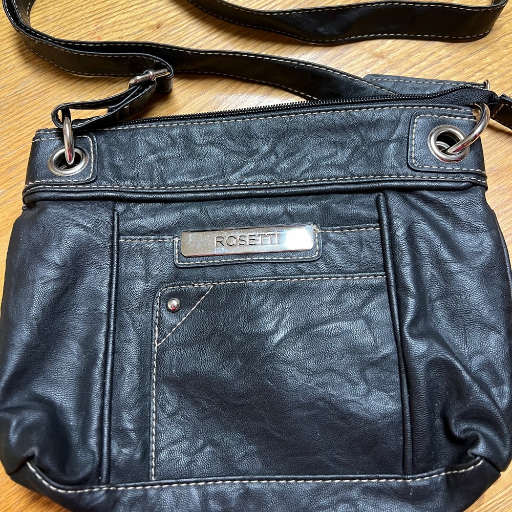 Women's vinyl Rosetti black shoulder bag, size 10 1/2" X  2 1/2"W X 9" H